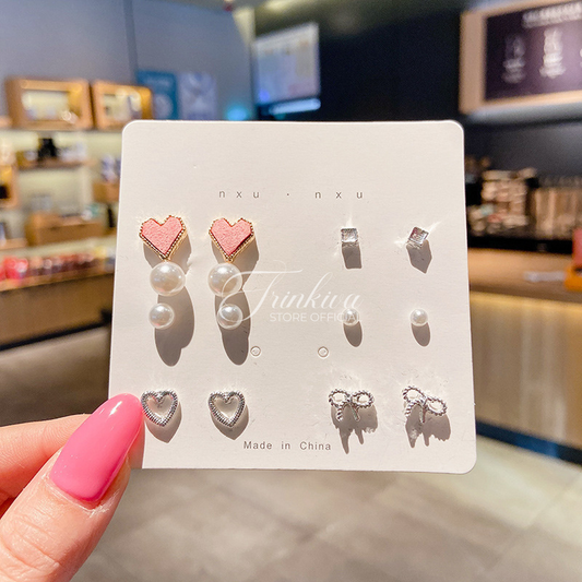 Trend Pink Heart Bowknot Pearl Stud Earrings Set