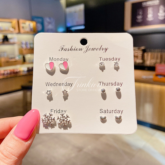 Trendy Korean Silver | Pink Six Pair Earring Set
