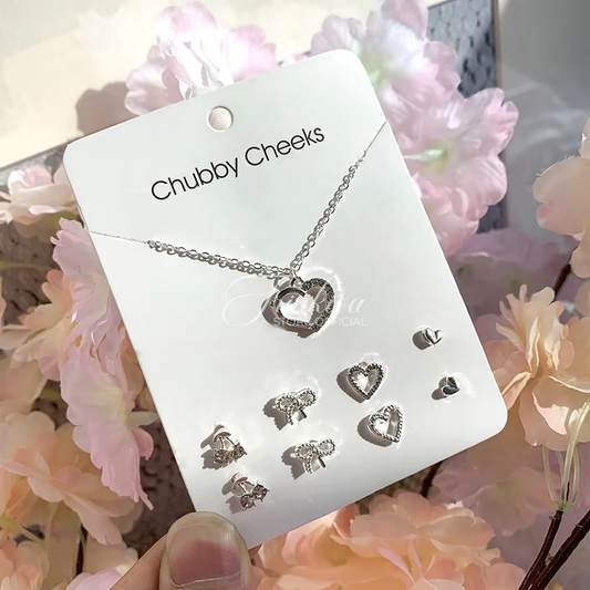 Korean Cute Silver Heart Necklace With Earring Set